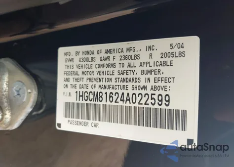 2004 Honda Accord 3.0 Ex from USA, damaged, VIN 1HGCM81624A022599